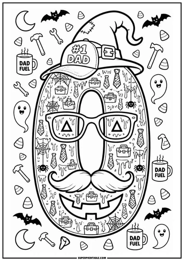 Number 0 with witch hat, glasses, mustache, ghosts, bats, candy corn, and Dad Fuel mugs.
