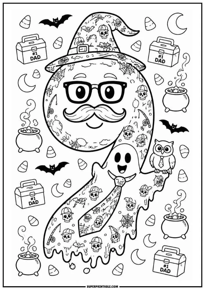 Number 9 with dad face, ghost, owl, bats, cauldrons, and toolboxes.