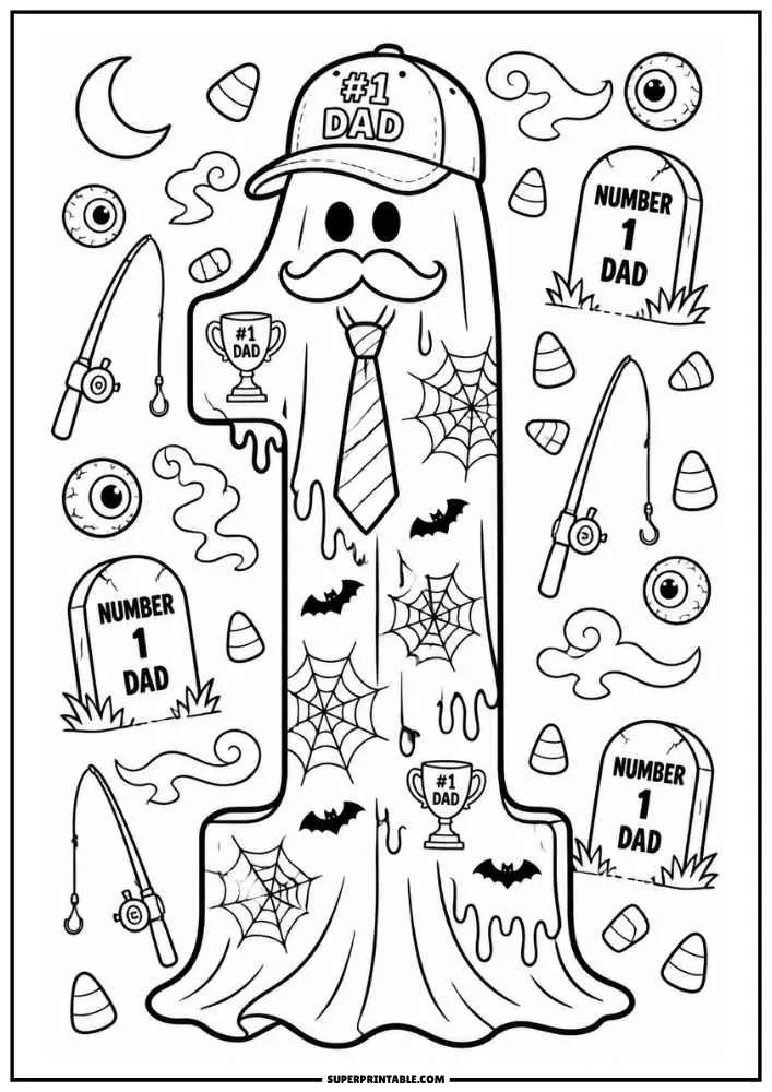 Number 1 ghost with #1 Dad cap, tie, bats, webs, fishing rods, and gravestones.