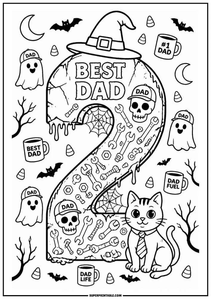 Number 2 with witch hat, cat, ghosts, bats, tools, skulls, and Best Dad text.