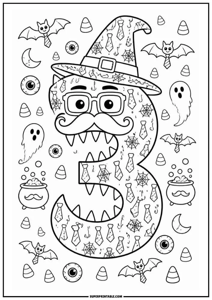 Monster number 3 with glasses, mustache, witch hat, ghosts, bats, and cauldrons.