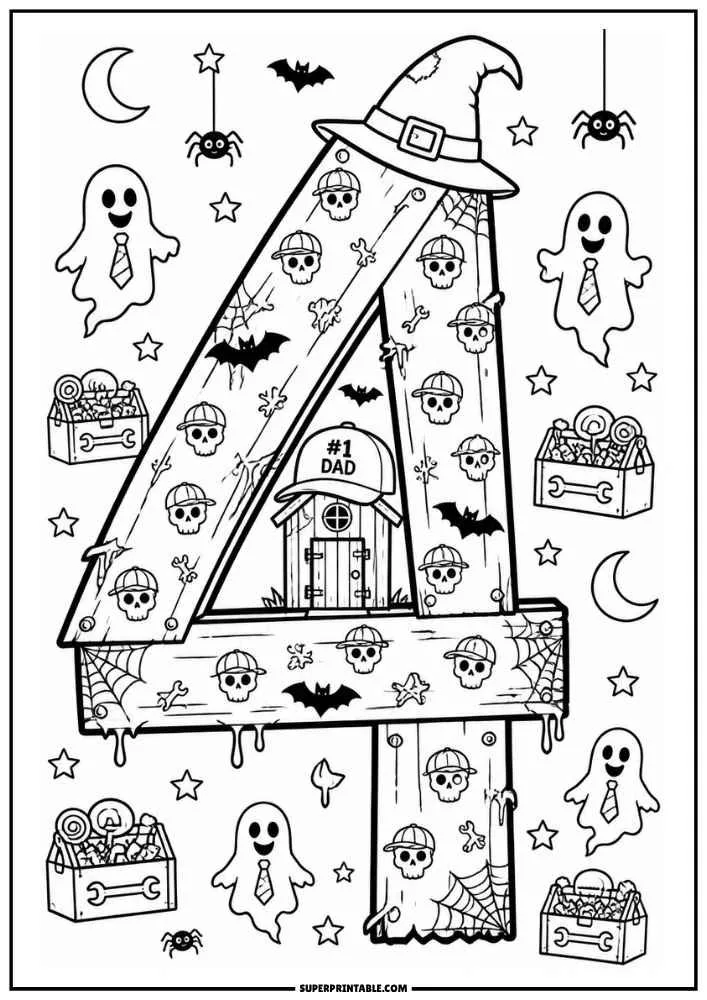 Number 4 with skulls, ghosts, bats, toolboxes, and a small house with a dad cap.
