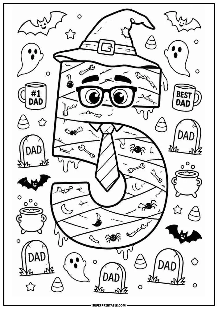 Mummy number 5 with glasses, tie, witch hat, ghosts, bats, and gravestones.