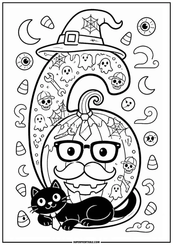 Number 6 with pumpkin face, black cat, ghosts, skulls, webs, and candy corn.