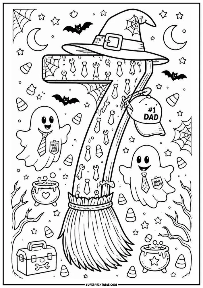 Number 7 broom with dad cap, ghosts, cauldrons, bats, stars, and candy corn.