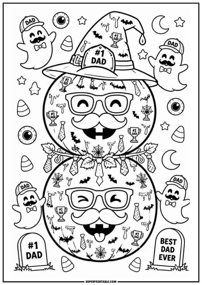 Number 8 pumpkin faces with glasses, mustaches, ghosts, bats, and dad trophies.