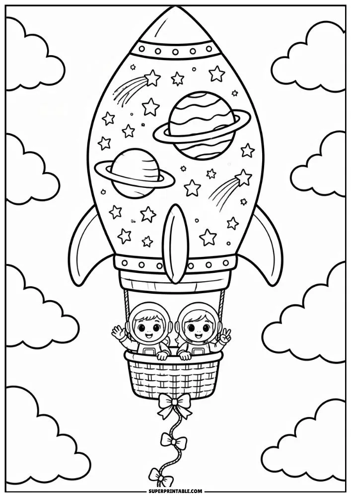Rocket coloring page with children, planets, stars, shooting stars, and clouds.
