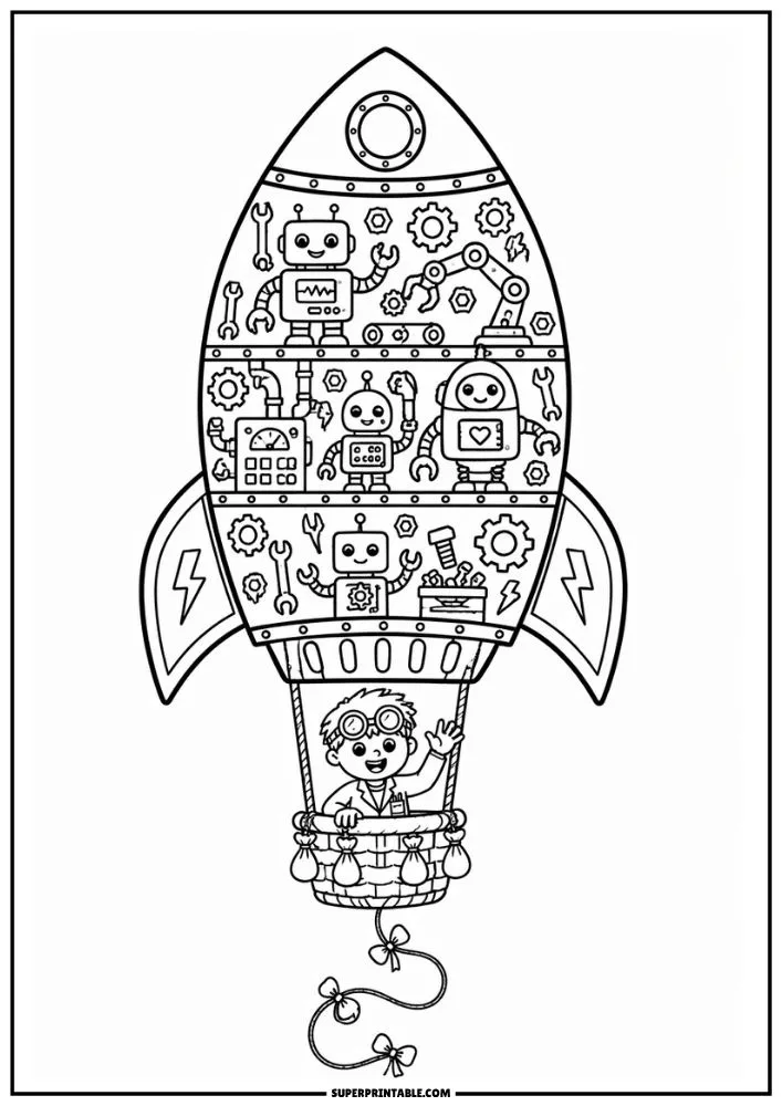 Rocket coloring page with robots, gears, tools, machines, and young inventor.