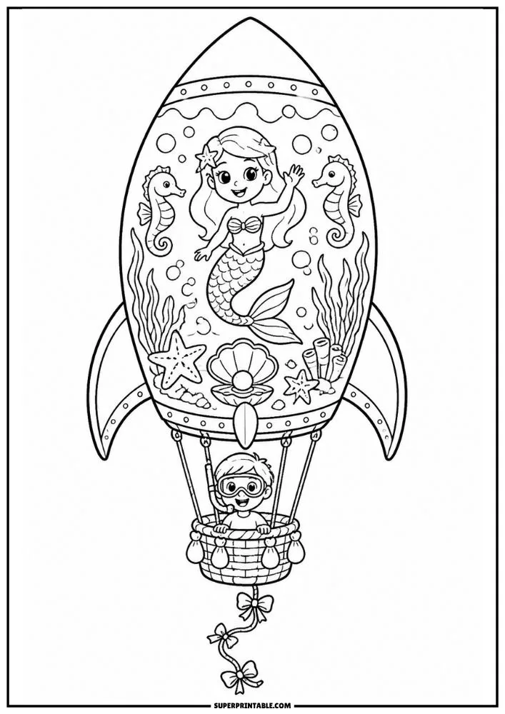 Rocket coloring page with mermaid, seashells, starfish, coral, seahorses, and child.