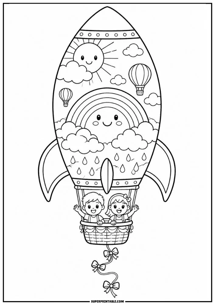 Rocket coloring page with rainbow, sun, clouds, balloons, raindrops, and children.