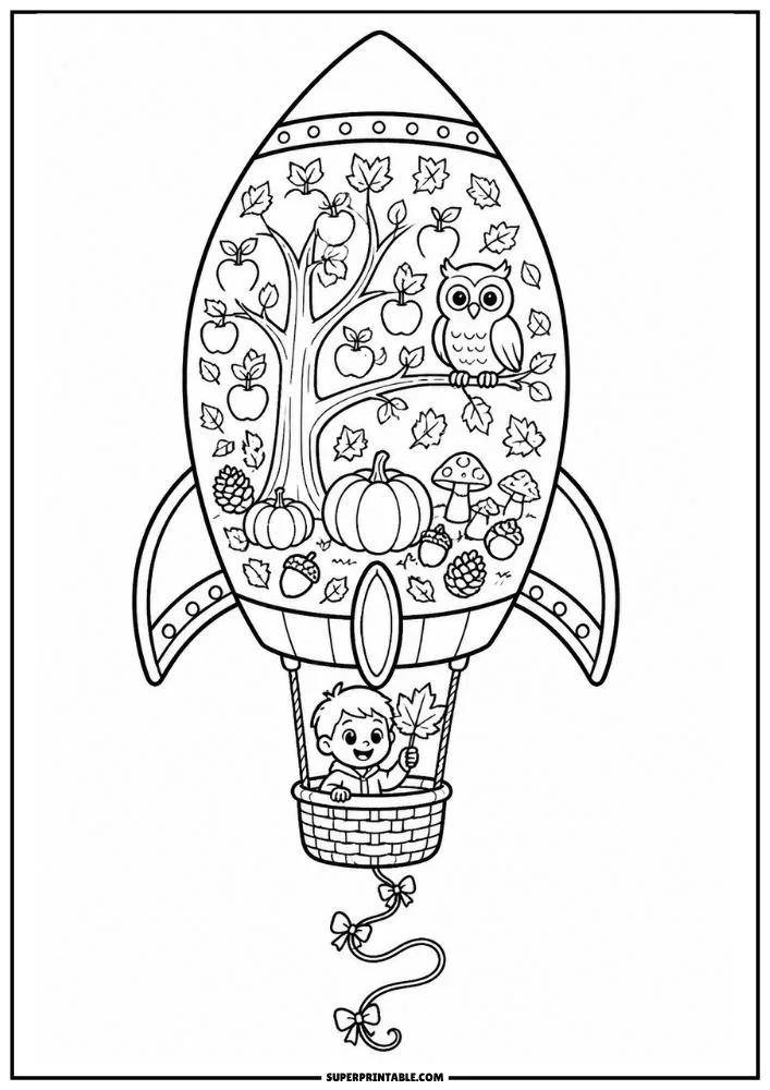 Rocket coloring page with pumpkins, apples, owl, leaves, acorns, and child.