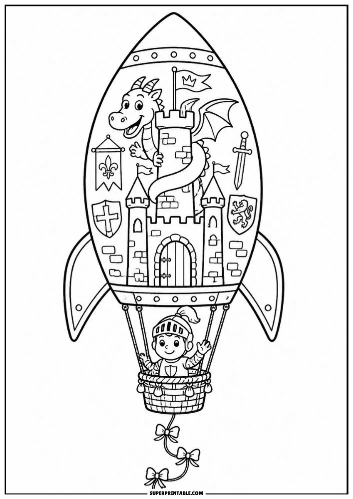 Rocket coloring page with dragon, castle, shields, banners, sword, and knight.