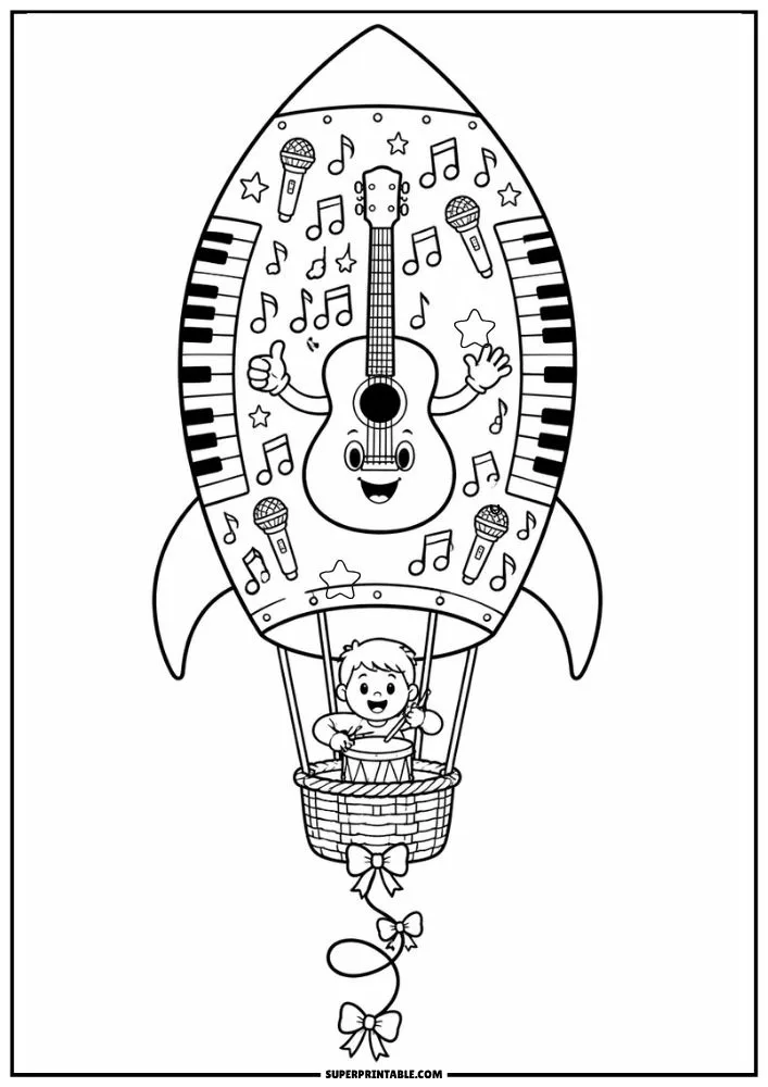 Rocket coloring page with guitar, piano keys, microphones, musical notes, and child.