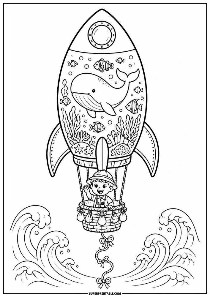 Rocket coloring page with a whale, fish, coral reef, ocean plants, waves, and a child.