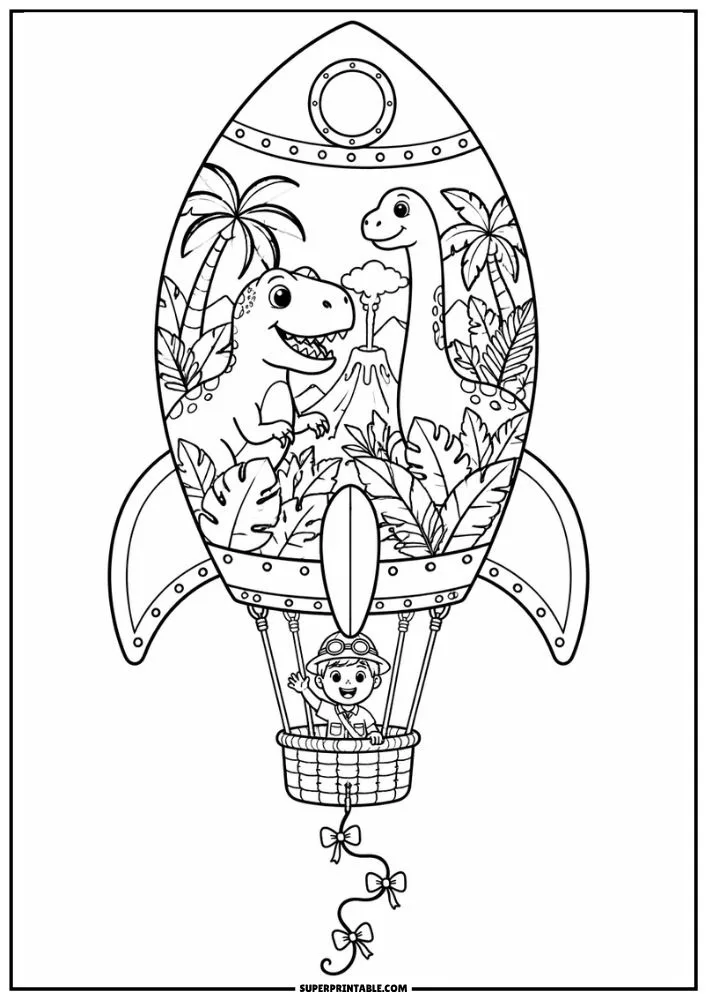 Rocket coloring page with dinosaurs, jungle plants, palm trees, and a volcano.