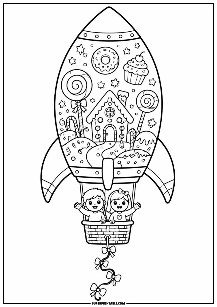 Rocket coloring page with candy, cupcakes, lollipops, gingerbread house, and children.