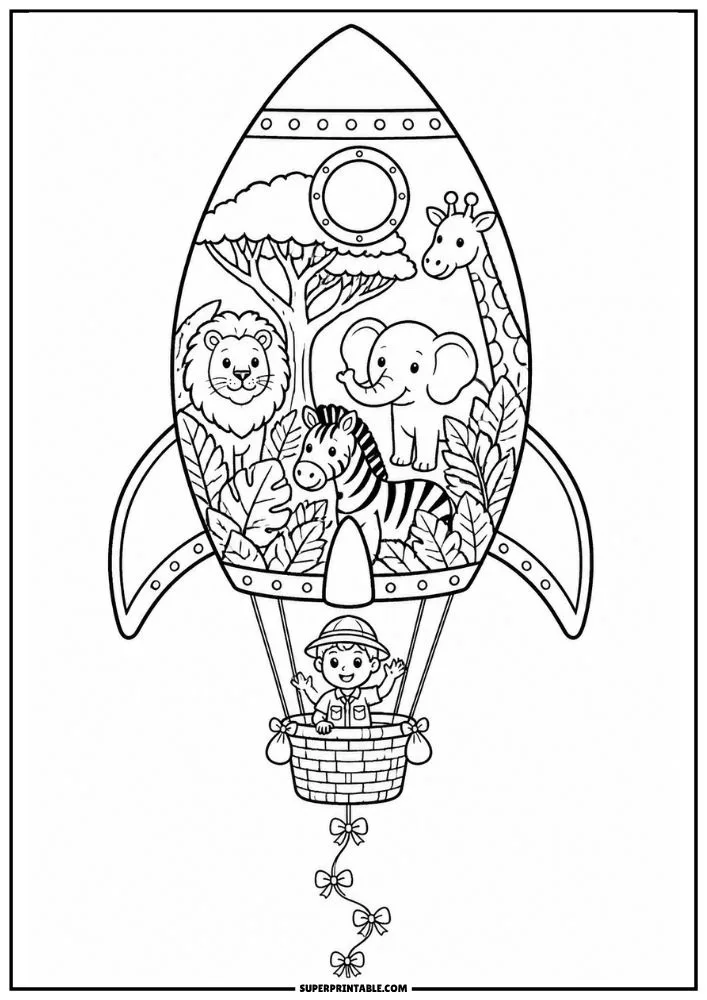 Rocket coloring page with lion, elephant, zebra, giraffe, jungle plants, and a child.