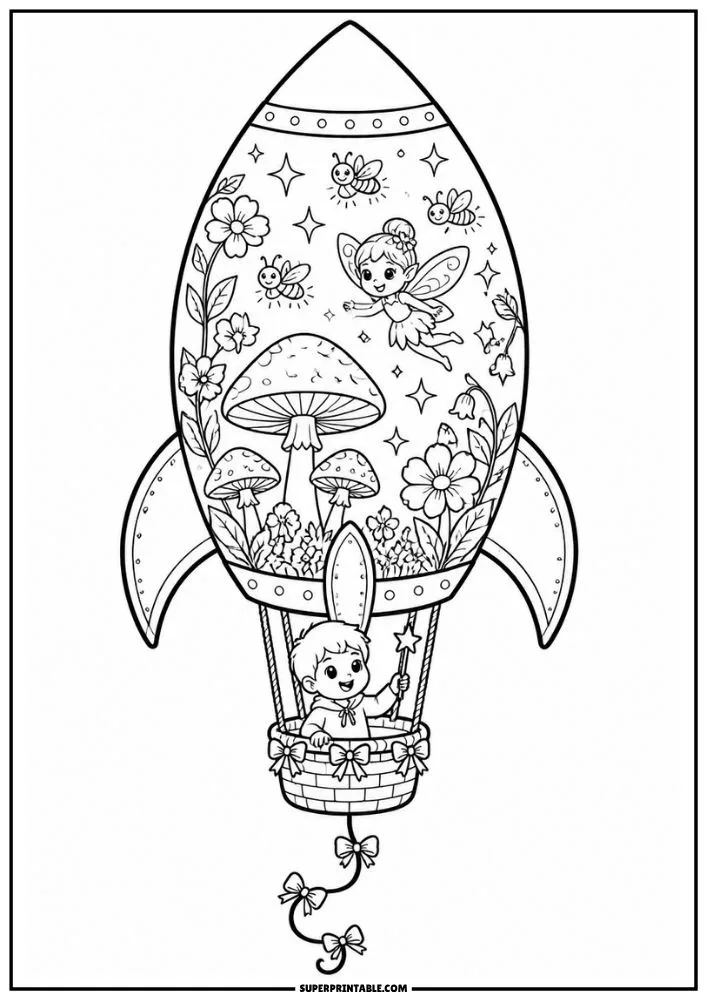 Rocket coloring page with fairy, mushrooms, flowers, bees, and a child.