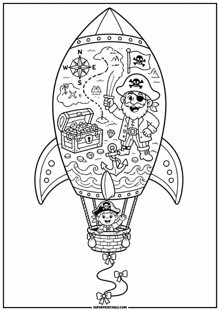 Rocket coloring page with pirate, treasure chest, map, anchor, waves, and child.