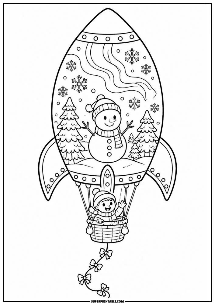 Rocket coloring page with snowman, snowflakes, winter trees, and child.