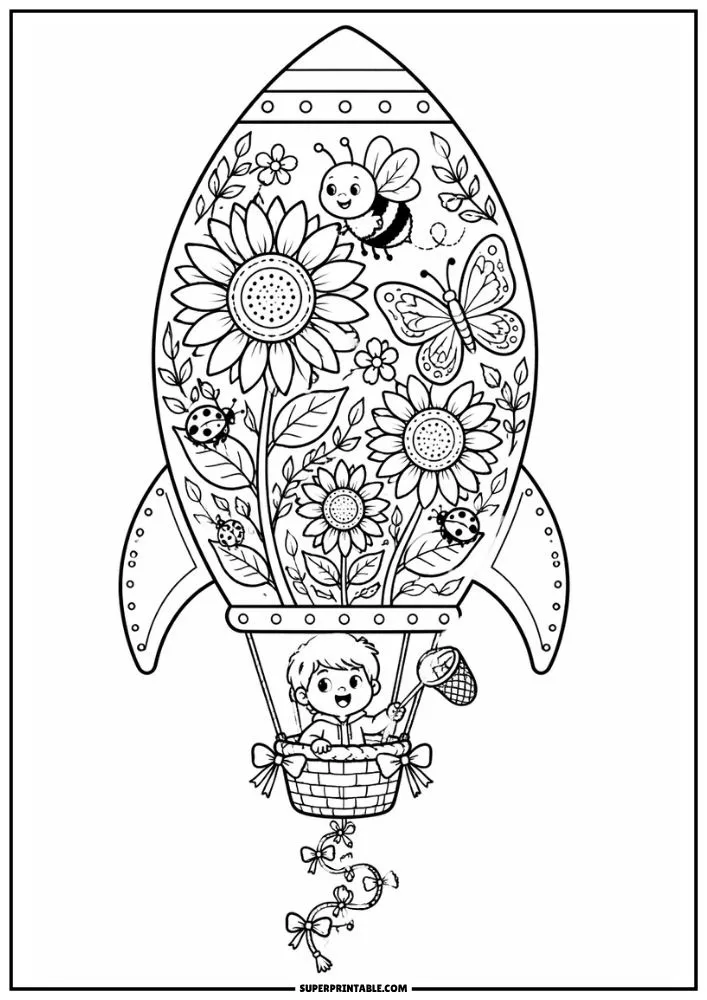 Rocket coloring page with sunflowers, butterflies, bees, ladybugs, and child.
