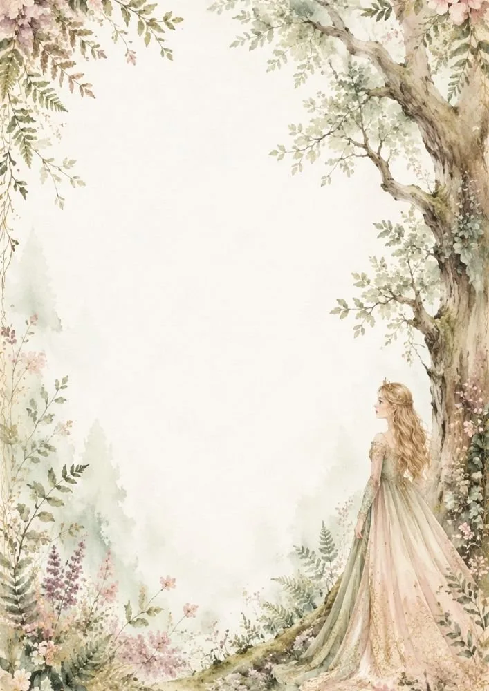 Watercolor forest princess standing beside a large tree with flowers and woodland foliage framing a blank center.