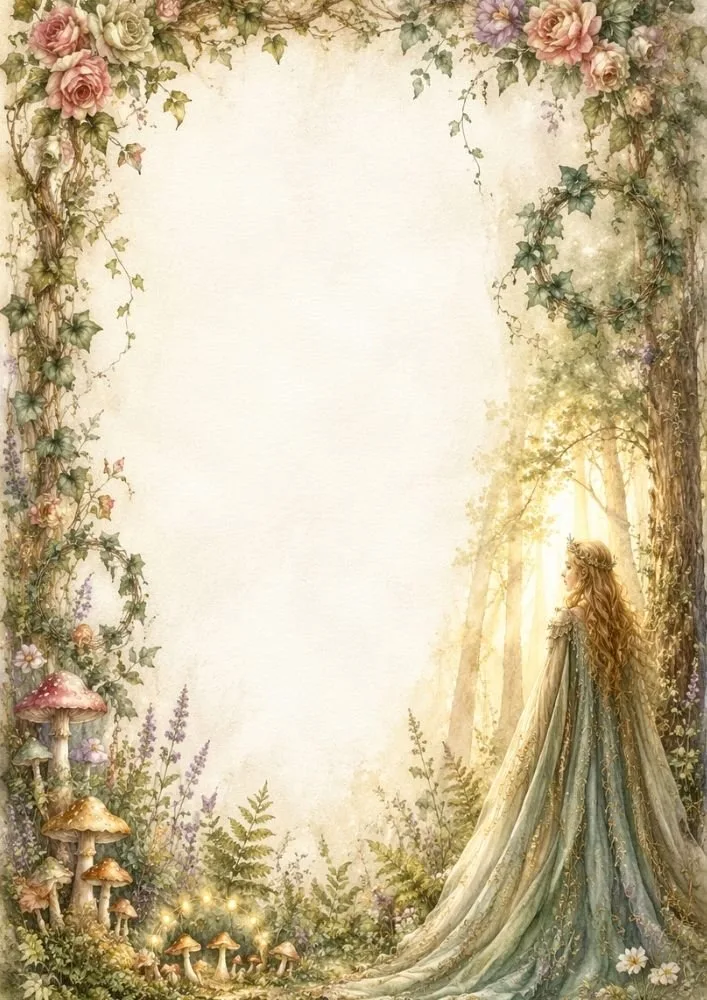 Watercolor forest princess standing in a sunlit woodland with flowers, mushrooms, and a blank center.