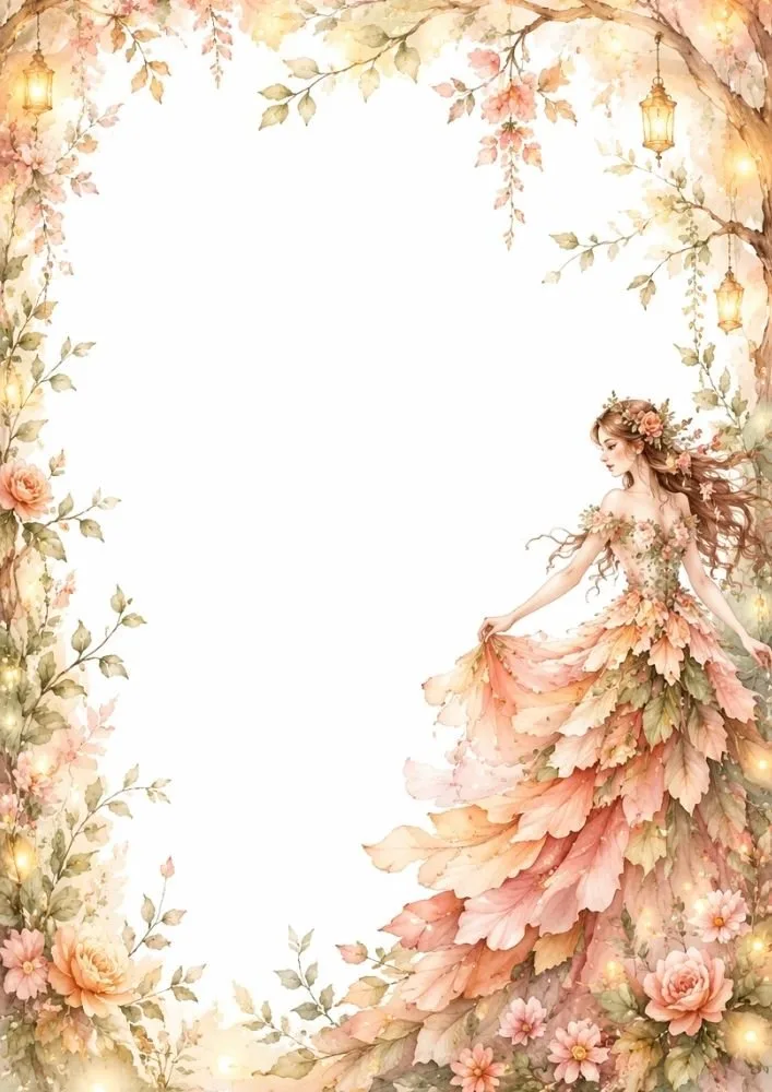 Watercolor forest princess beneath flowering branches and lanterns surrounding a blank center.