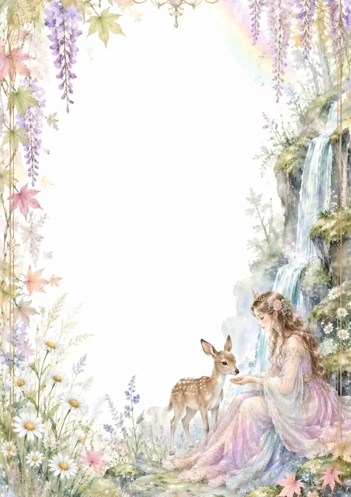 Watercolor princess feeding a deer beside a waterfall with flowers framing a blank center.