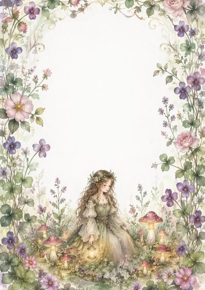 Watercolor forest princess with a lantern among glowing mushrooms and flowers surrounding a blank center.