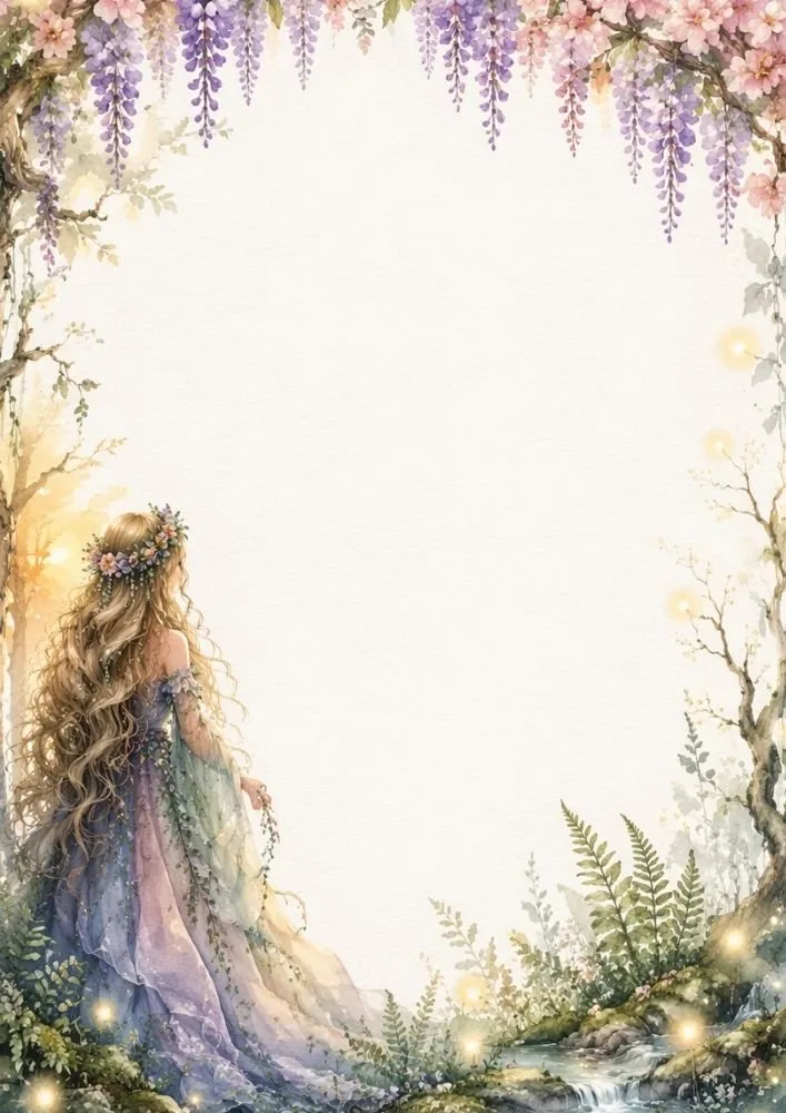 Watercolor forest princess beside a stream under hanging wisteria flowers framing a blank center.