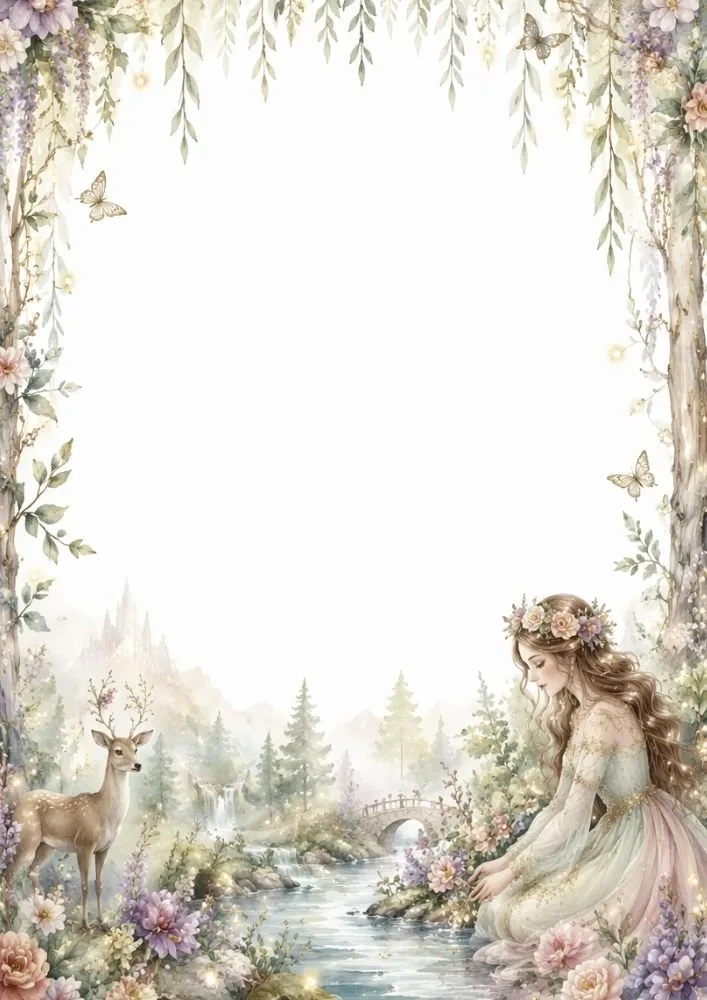 Watercolor princess by a forest stream with a deer, flowers, butterflies, and a distant castle surrounding a blank center.