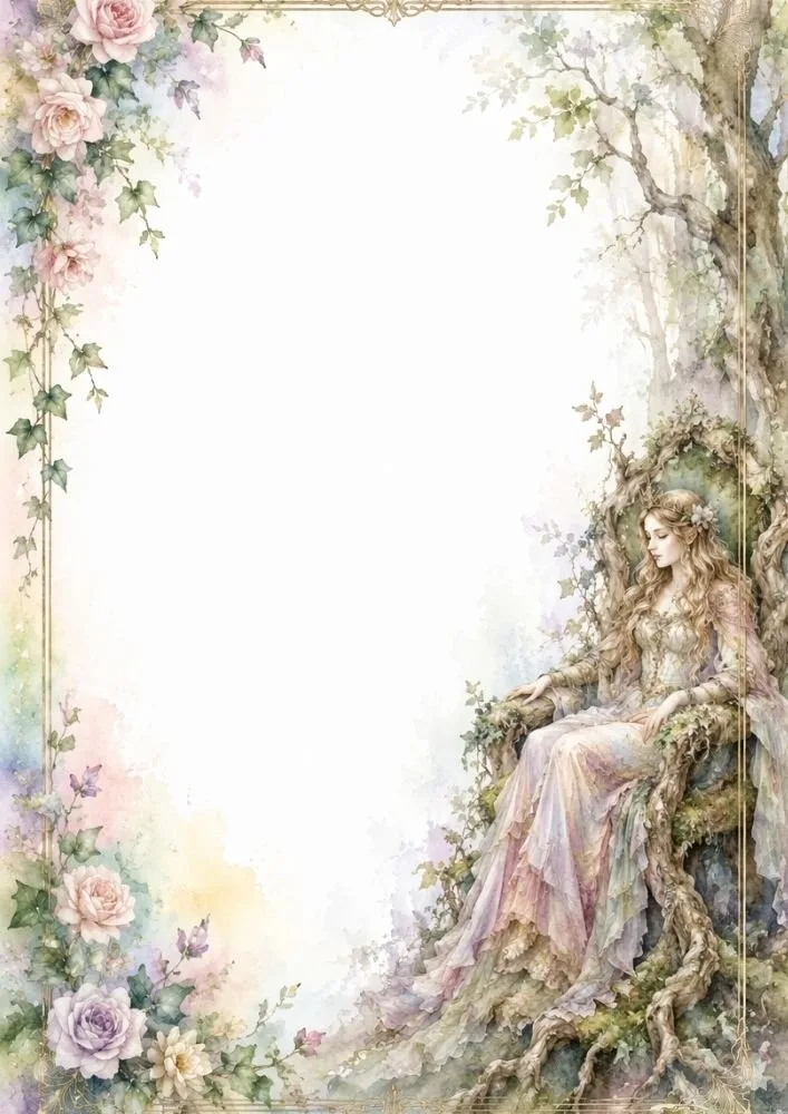Watercolor forest princess seated on a tree-root throne with floral borders and a blank center.