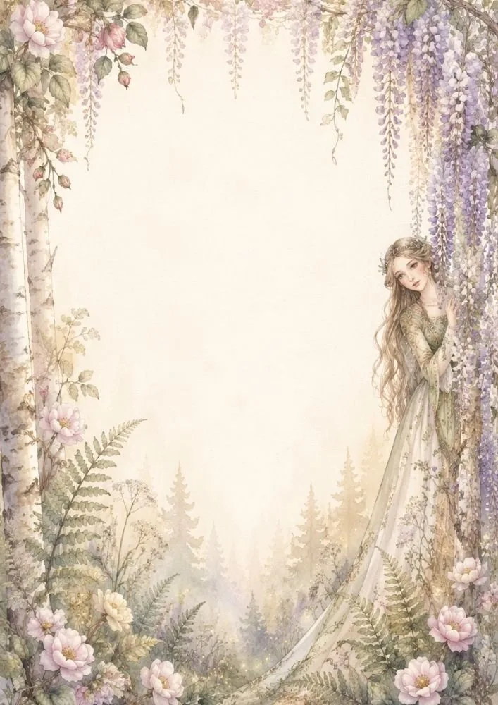 Watercolor forest princess beside hanging wisteria flowers and woodland foliage framing a blank center.