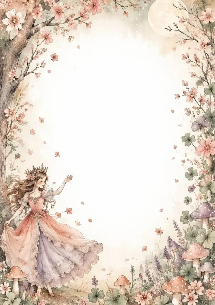 Watercolor princess dancing in a floral woodland scene with mushrooms, blossoms, and a blank center.