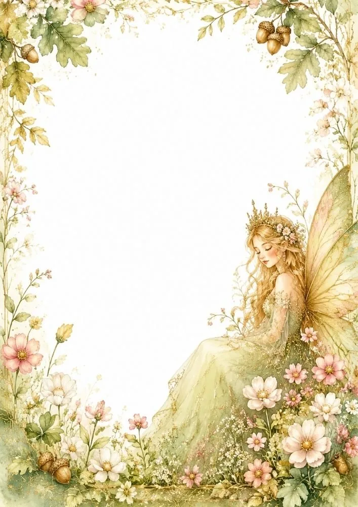 Watercolor fairy princess with wings surrounded by flowers, greenery, and a blank center.