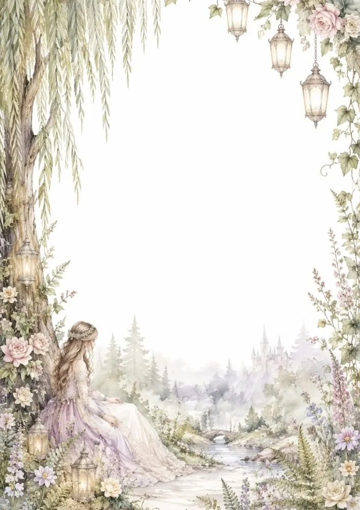 Watercolor forest princess sitting by a stream beneath a willow tree with lanterns and a blank center.