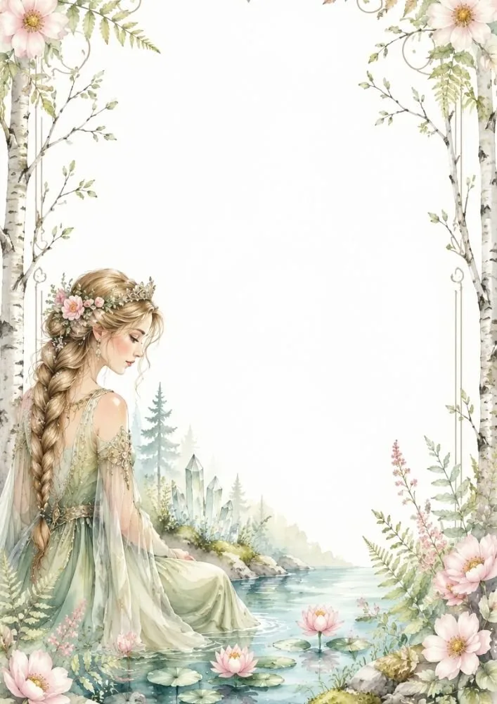 Watercolor princess beside a lily pond with flowers, birch trees, and crystals framing a blank center.