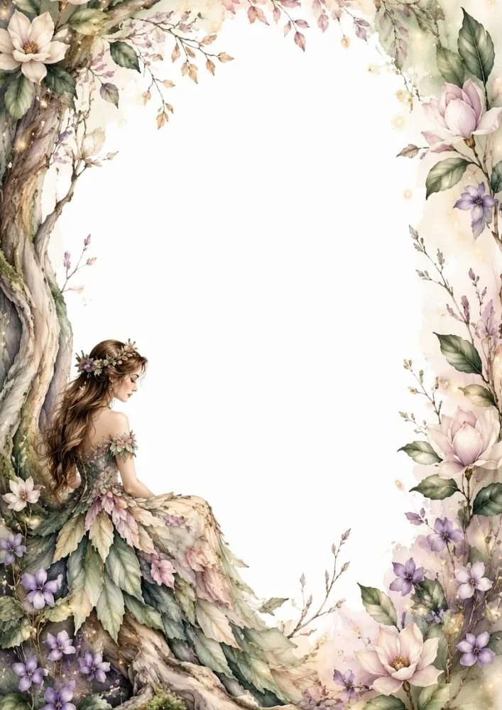 Watercolor forest princess in a leaf-inspired gown beneath a tree with flowers framing a blank center.