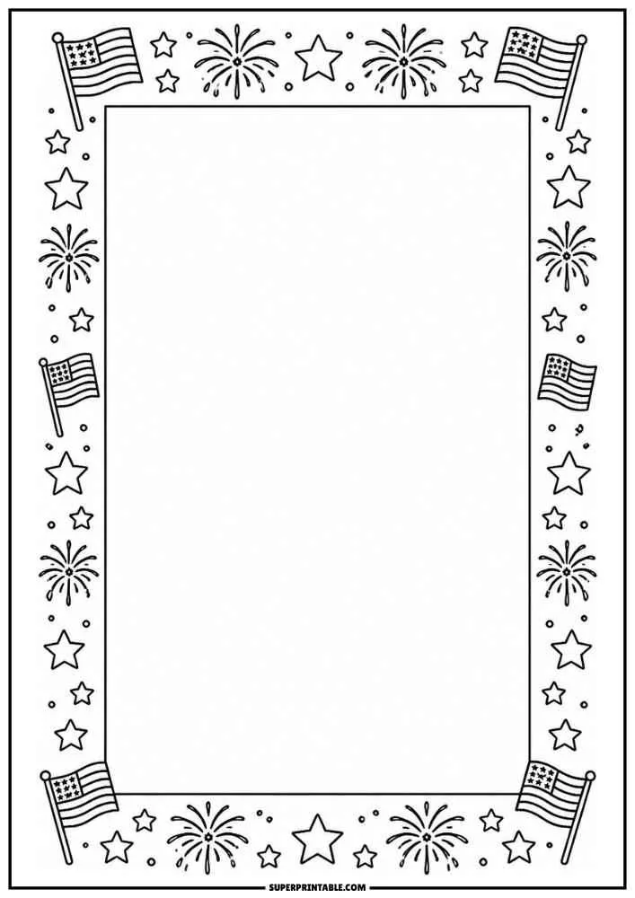 Border with American flags, stars, fireworks, and a large blank center framed by a rectangular outline.