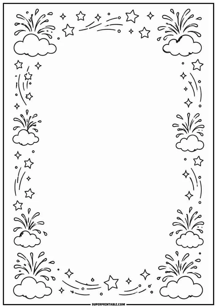 Border with clouds, fireworks, stars, and sparkles framing a blank center.