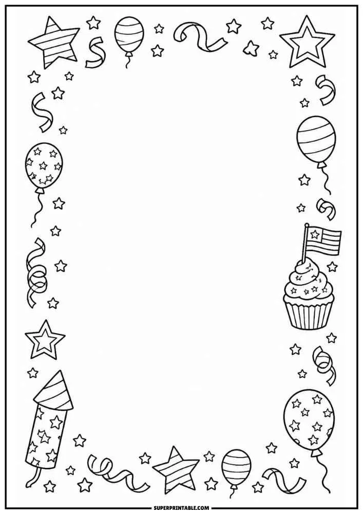 Border with balloons, cupcake, fireworks, ribbons, and stars around a blank center.