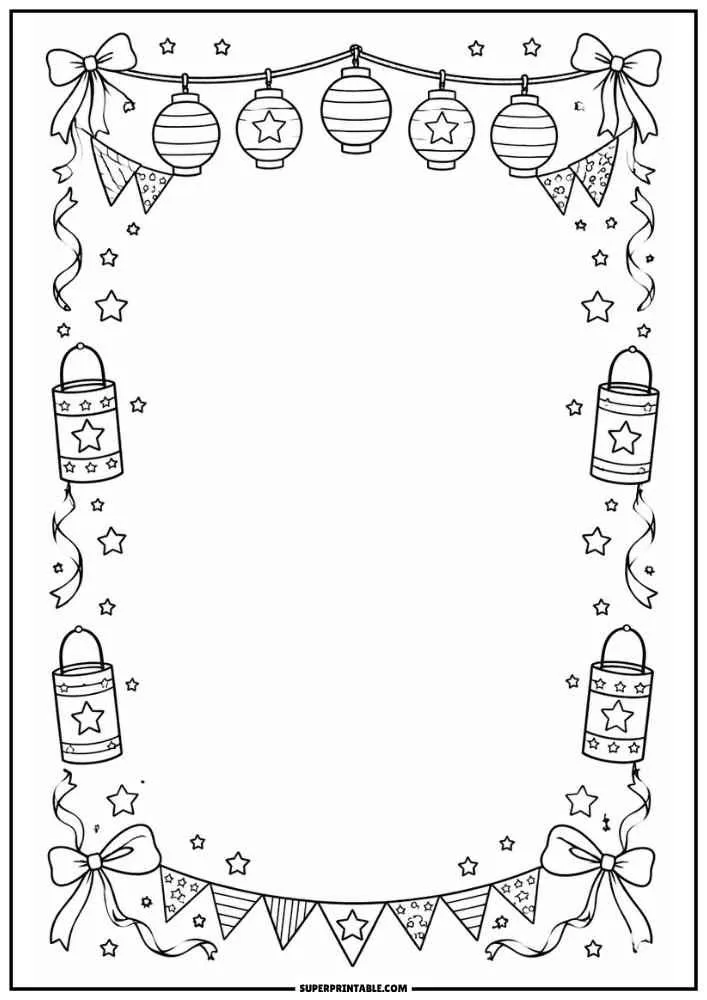 Border with hanging lanterns, banners, bows, and stars framing a blank center.
