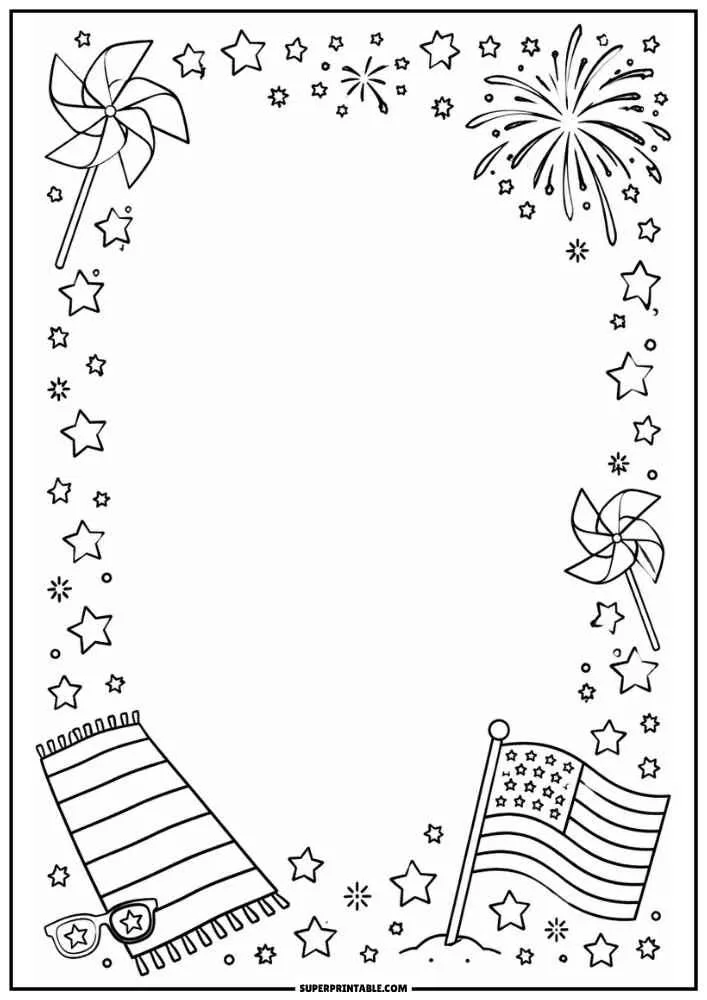 Border with pinwheel, beach blanket, sunglasses, fireworks, and American flag around a blank center.
