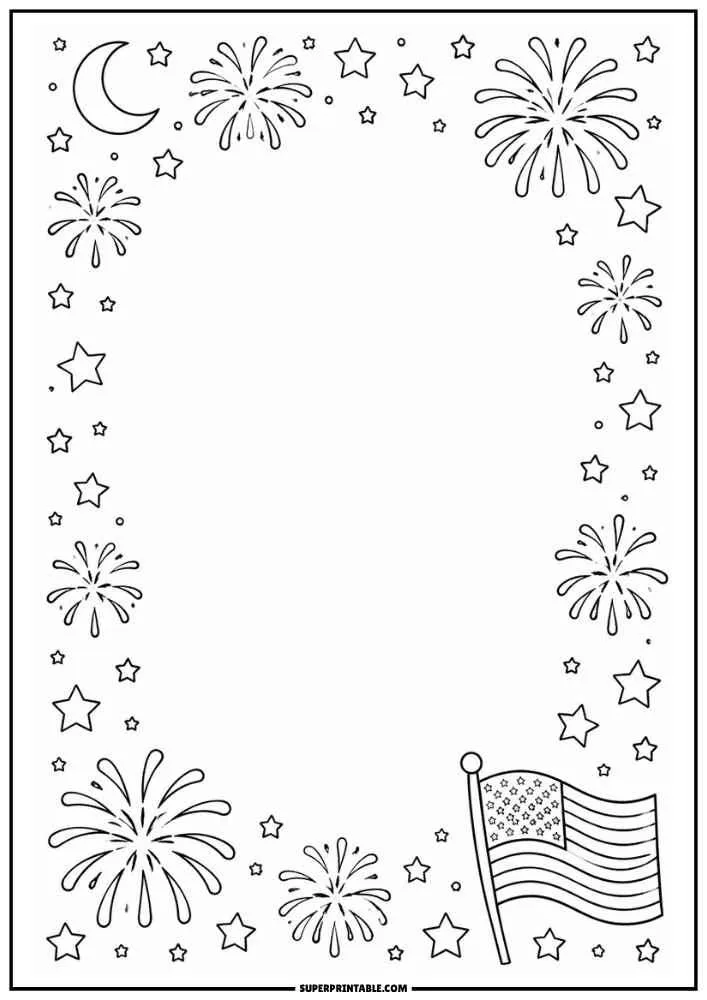 Border with crescent moon, fireworks, stars, and an American flag surrounding a blank center.