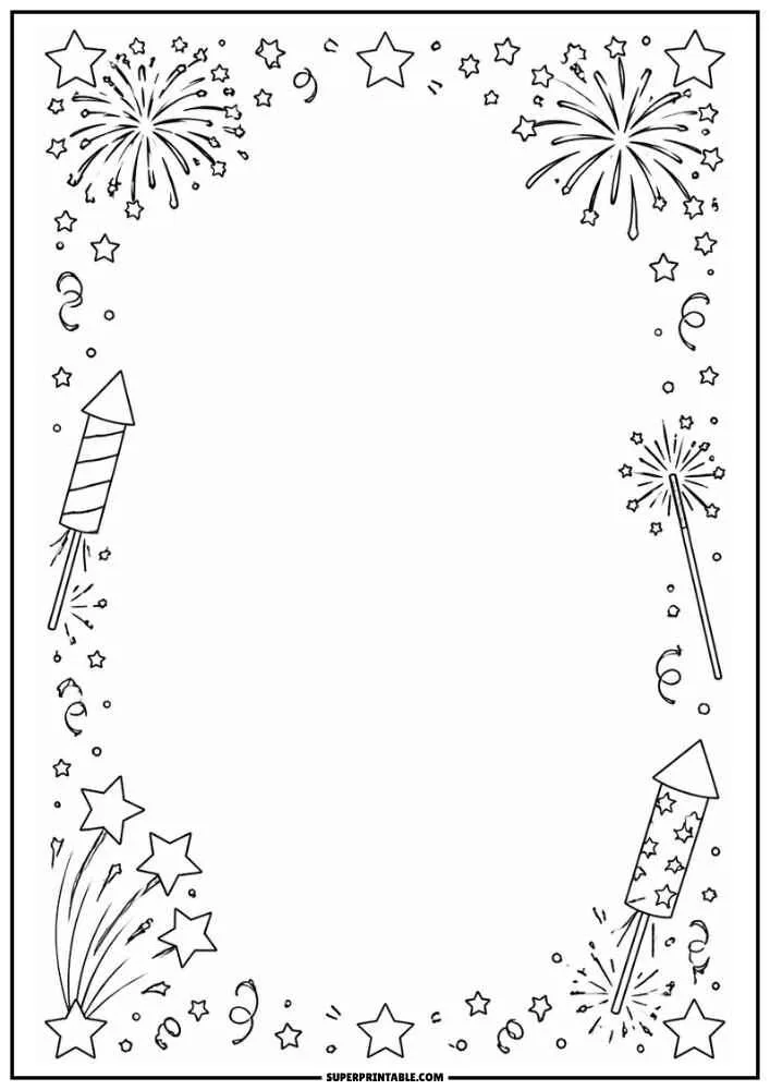 Border with fireworks, rockets, stars, and streamers around a large blank center.