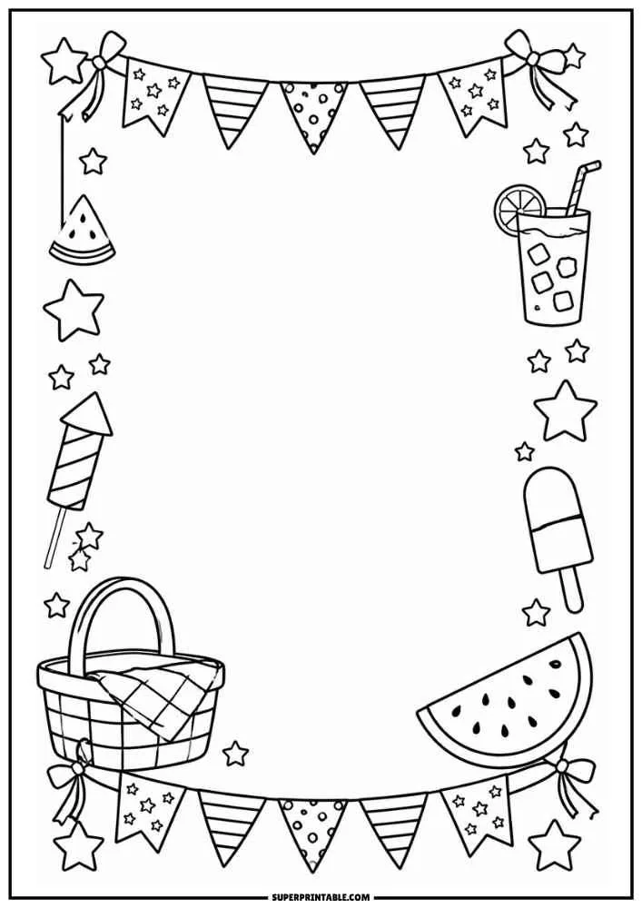 Border with picnic basket, watermelon, lemonade, banners, stars, and fireworks around a blank center.