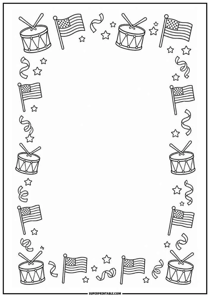 Border with drums, American flags, ribbons, and stars surrounding a blank center.