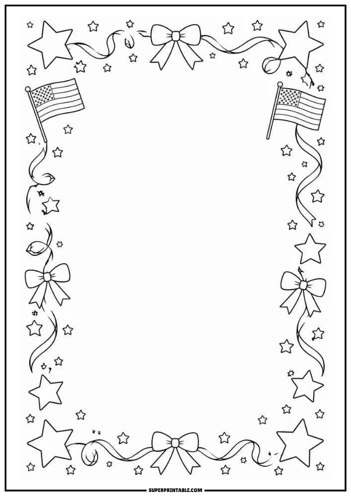 Border with stars, bows, ribbons, and American flags around a large blank center.