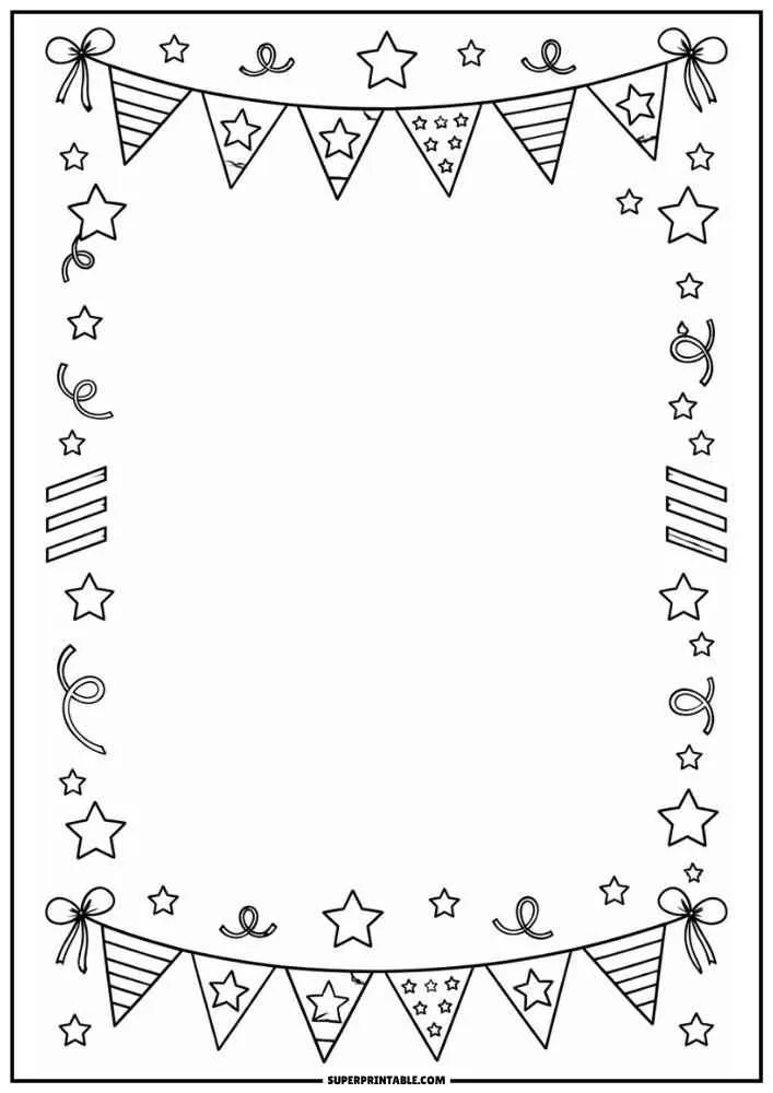 Border with pennant banners, bows, ribbons, and stars around a blank center.